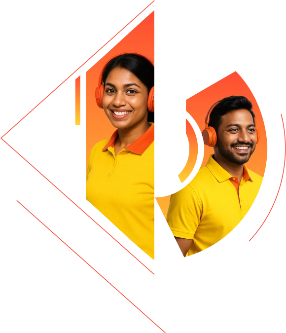 A smiling man and woman wearing orange headphones and yellow shirts.