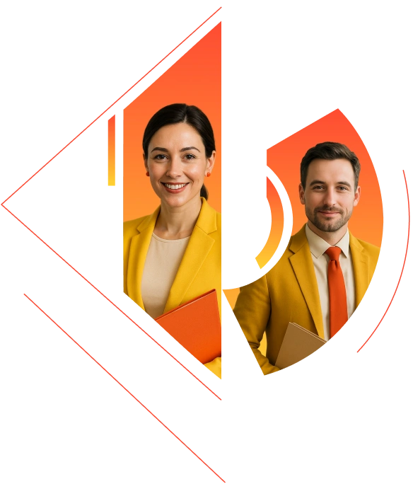 Two business people in yellow blazers holding folders.