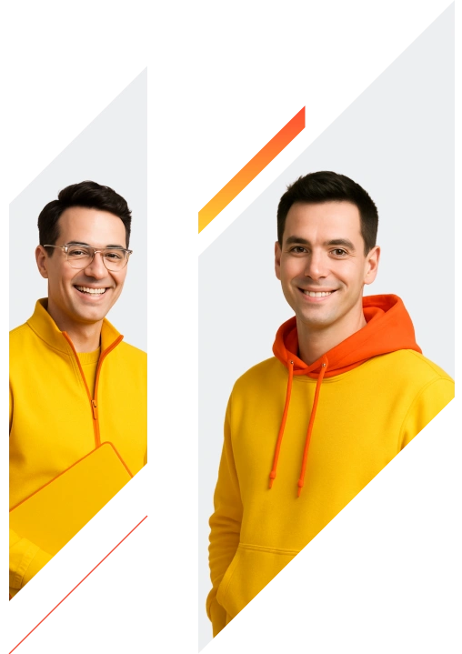 A picture of two smiling men wearing yellow tops with orange accents.