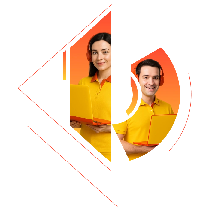 Two people in yellow shirts and orange headphones holding laptops and smiling.