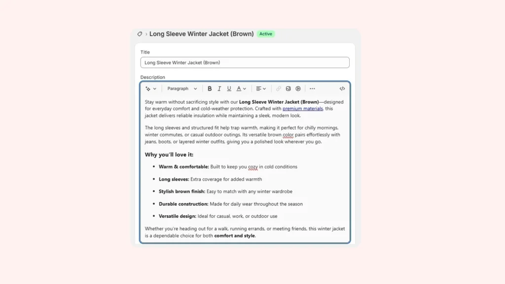 Font change in Shopify product description