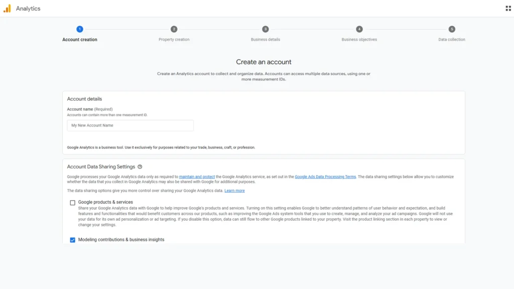 Google Analytics account creation