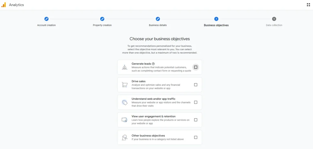 Google Analytics selecting business objectives